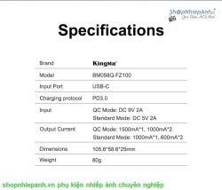 thumbnail Sạc Kingma 9V 2A PD3.0 BM058Q quick charger for Fujfilm W235  Fujifilm X-T5, X-S20, X-H2, X-H2S, GFX 100S, GFX 50S II, X-T4 - 3